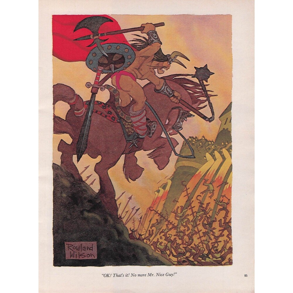 Vintage Cartoon Art Rowland B. Wilson fantasy horse barbarian castle war battle